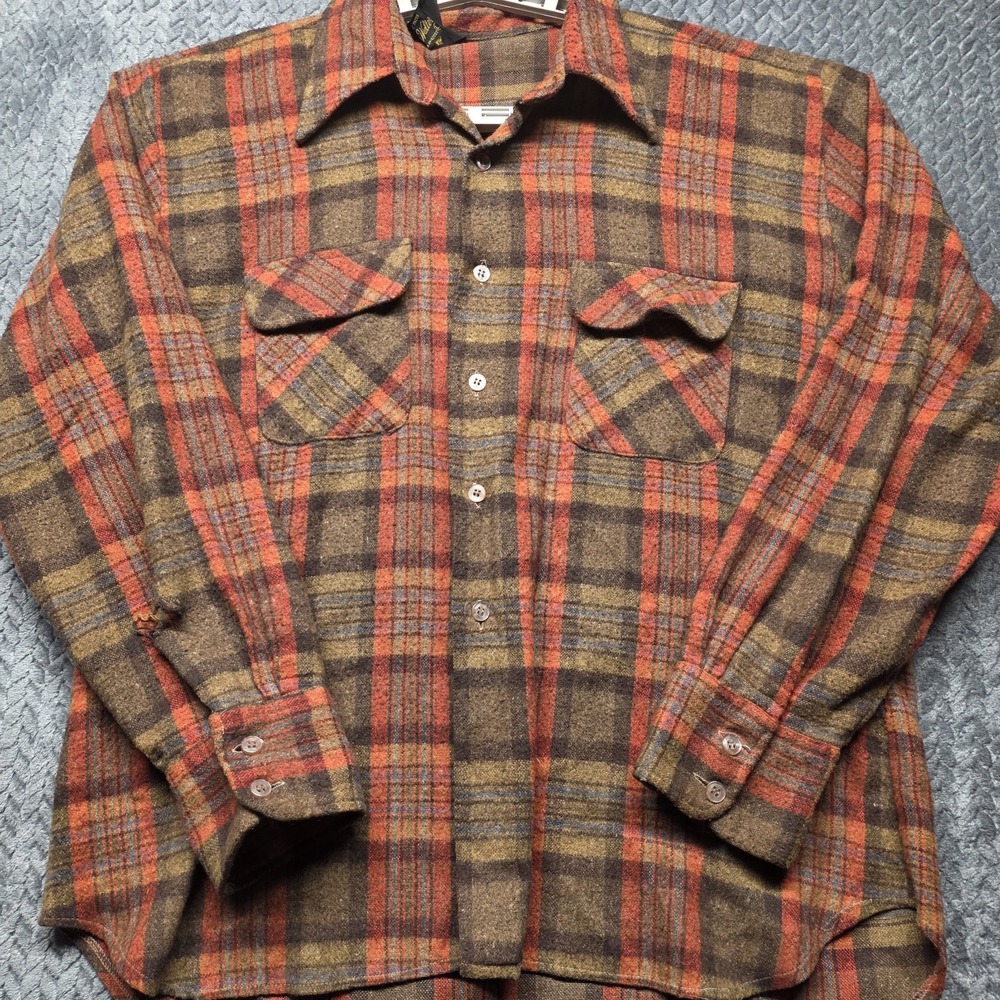 VTG Sir Walter Plaid Flannel Shirt Men's L Brown Red Wool‎ Blend Korea 70s 80s